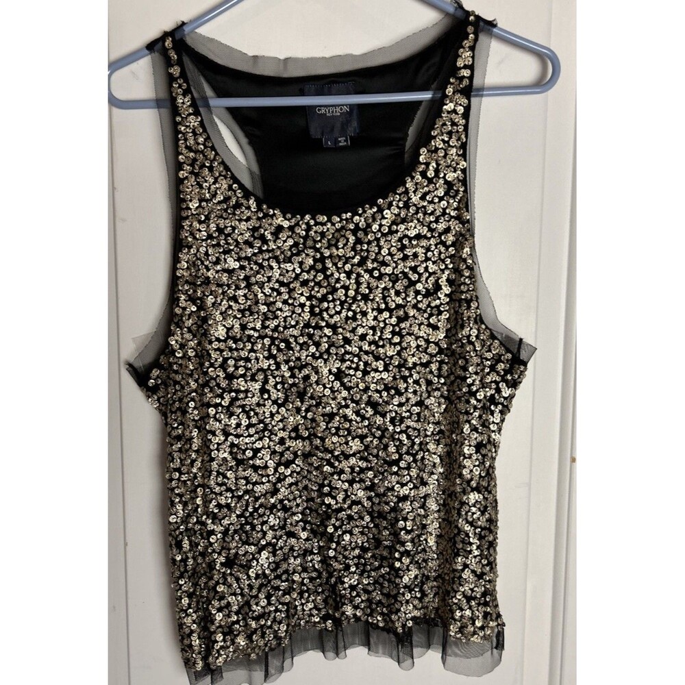 Gryphon New York Gold Black Sequin Racerback Tank Heavy Hand-Embellished Luxe L